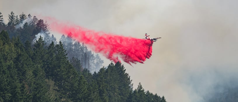 CAL FIRE plane unloading fire retardant on forest