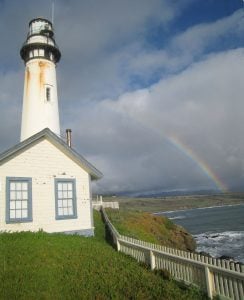Pigeon Point Lighthouse with rainbow.