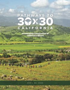 A queue of hikers climbs hills in the Coyote Valley on the cover of the Pathways to 30x30 California Report.